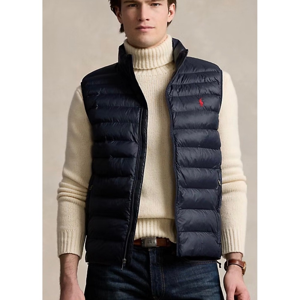 Polo Ralph Lauren Mens M Packable Navy Blue Puffer Vest Red Pony Logo